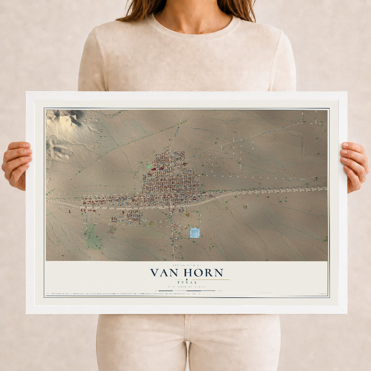 Map of Van Horn, Texas, 12 x 18 inch print in a white wood frame