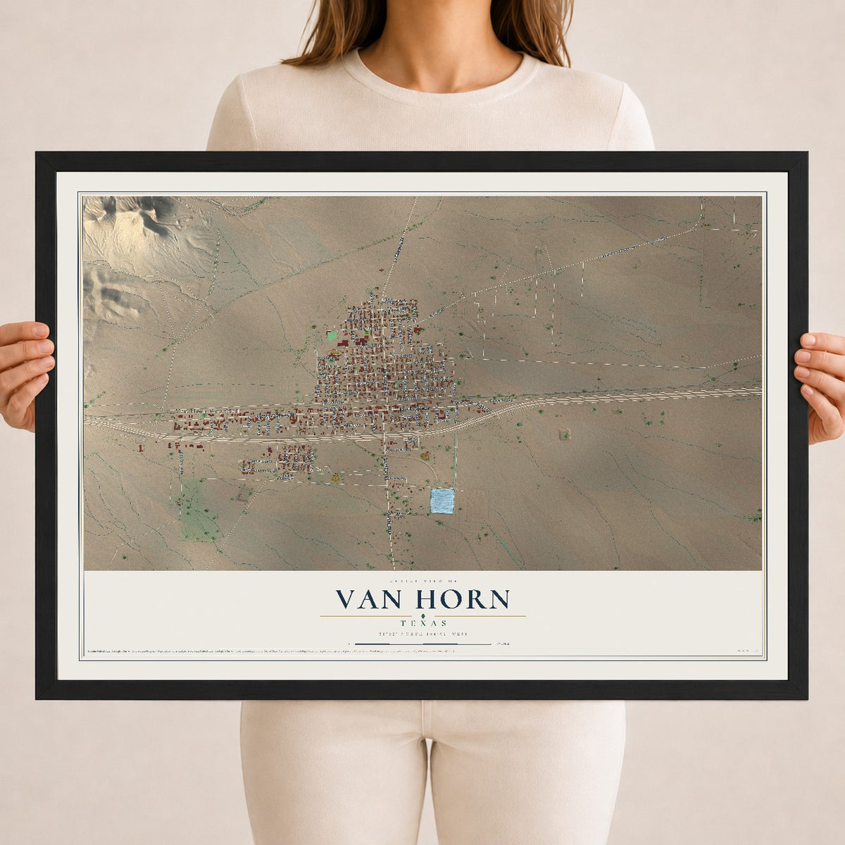 Map of Van Horn, Texas, 18 x 24 inch print in a black wood frame