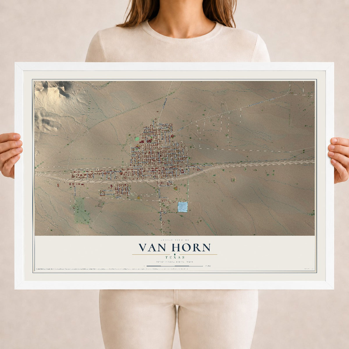 Map of Van Horn, Texas, 18 x 24 inch print in a white wood frame