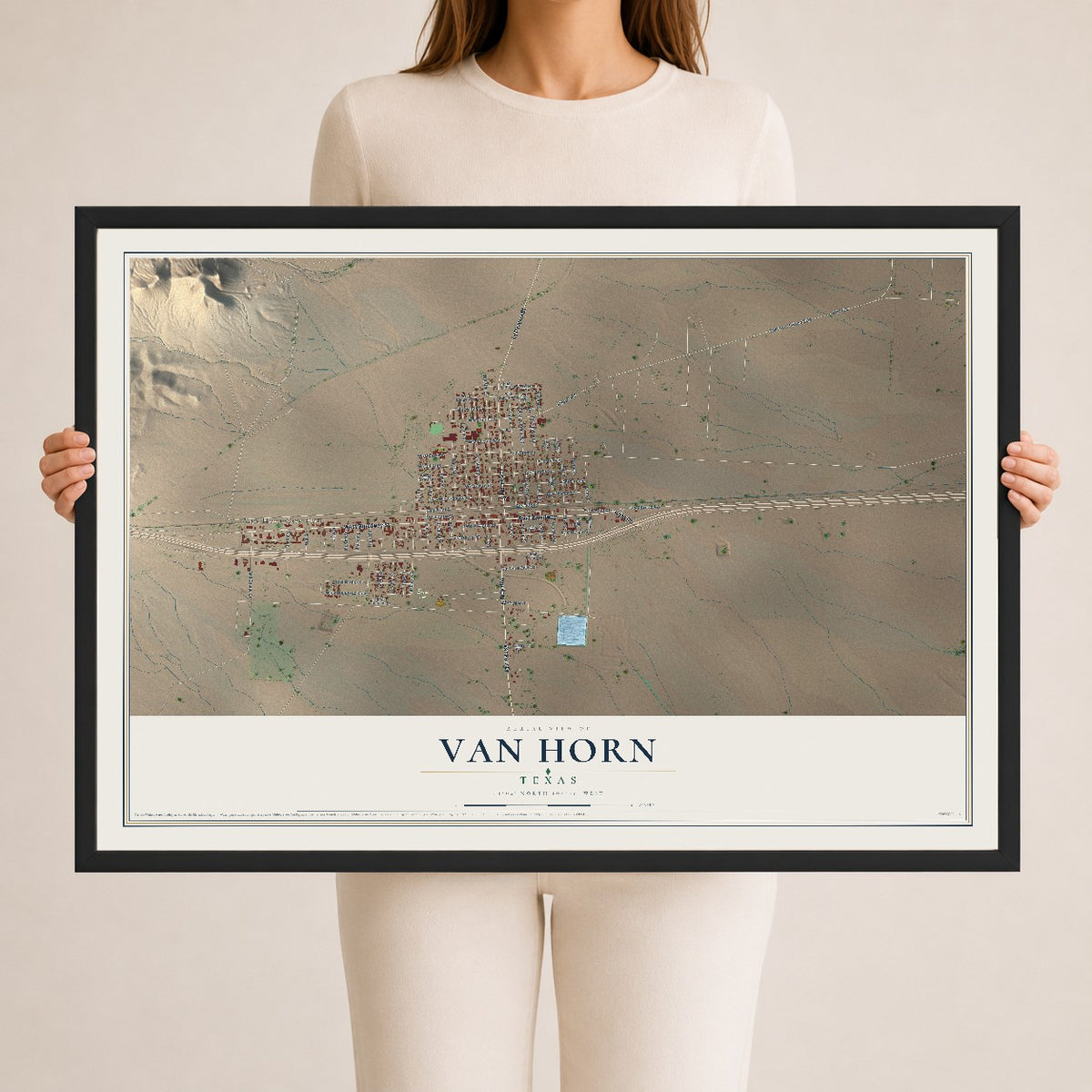 Map of Van Horn, Texas, 24 x 36 inch print in a black wood frame