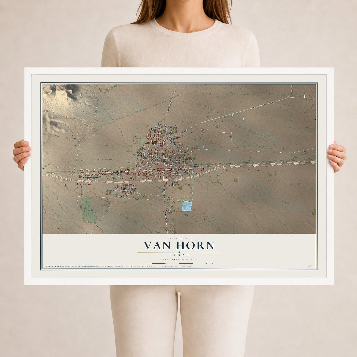 Map of Van Horn, Texas, 24 x 36 inch print in a white wood frame