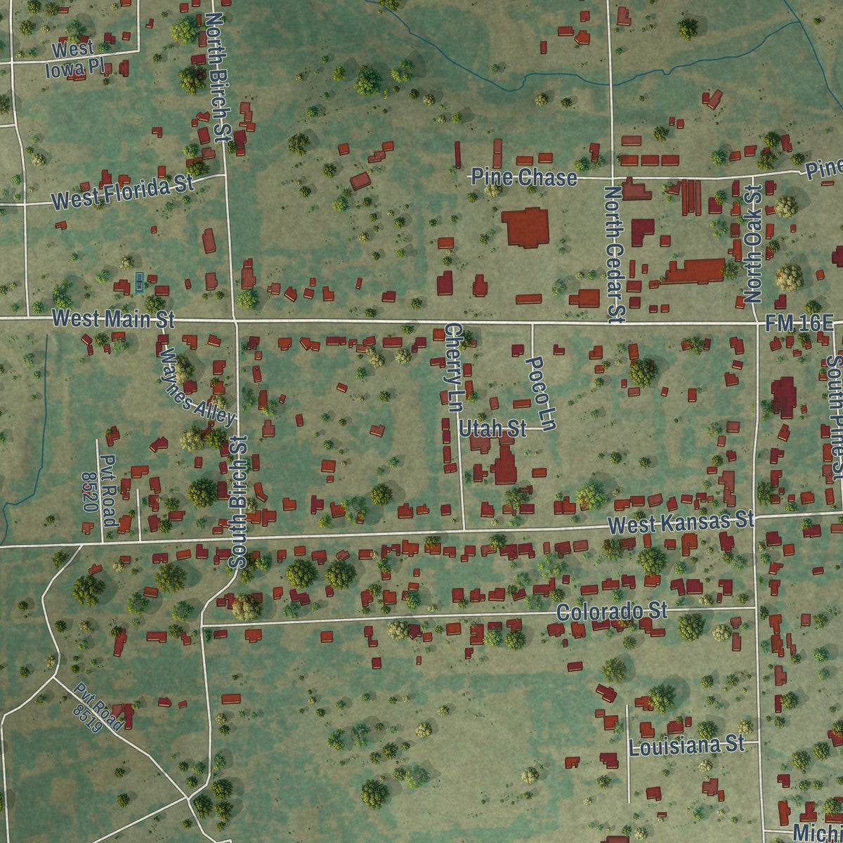 Second close-up of the map of Van, Texas print showing more streets and buildings