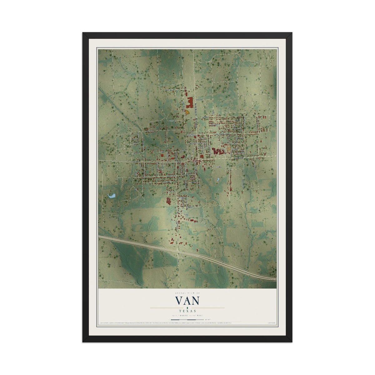Map of Van, Texas, 12 x 18 inch print in a black wood frame