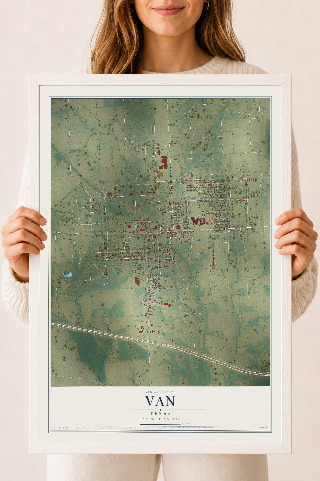Map of Van, Texas, 18 x 24 inch print in a white wood frame