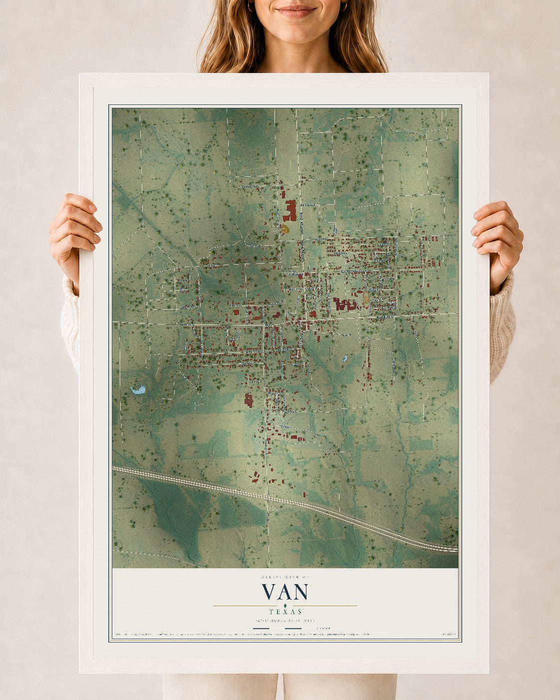 Map of Van, Texas, 24 x 36 inch print in a white wood frame