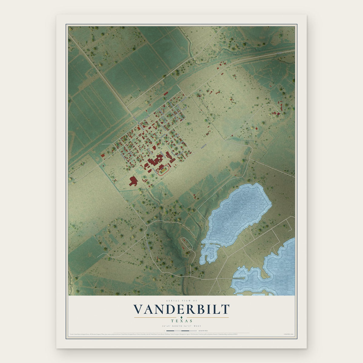 Vanderbilt, Texas map print, the full design