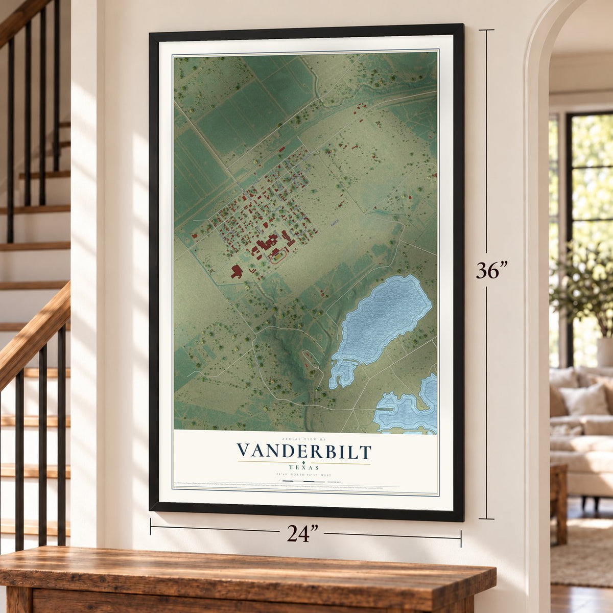 Vanderbilt, Texas map, 24 x 36 inch print in a black frame by a staircase