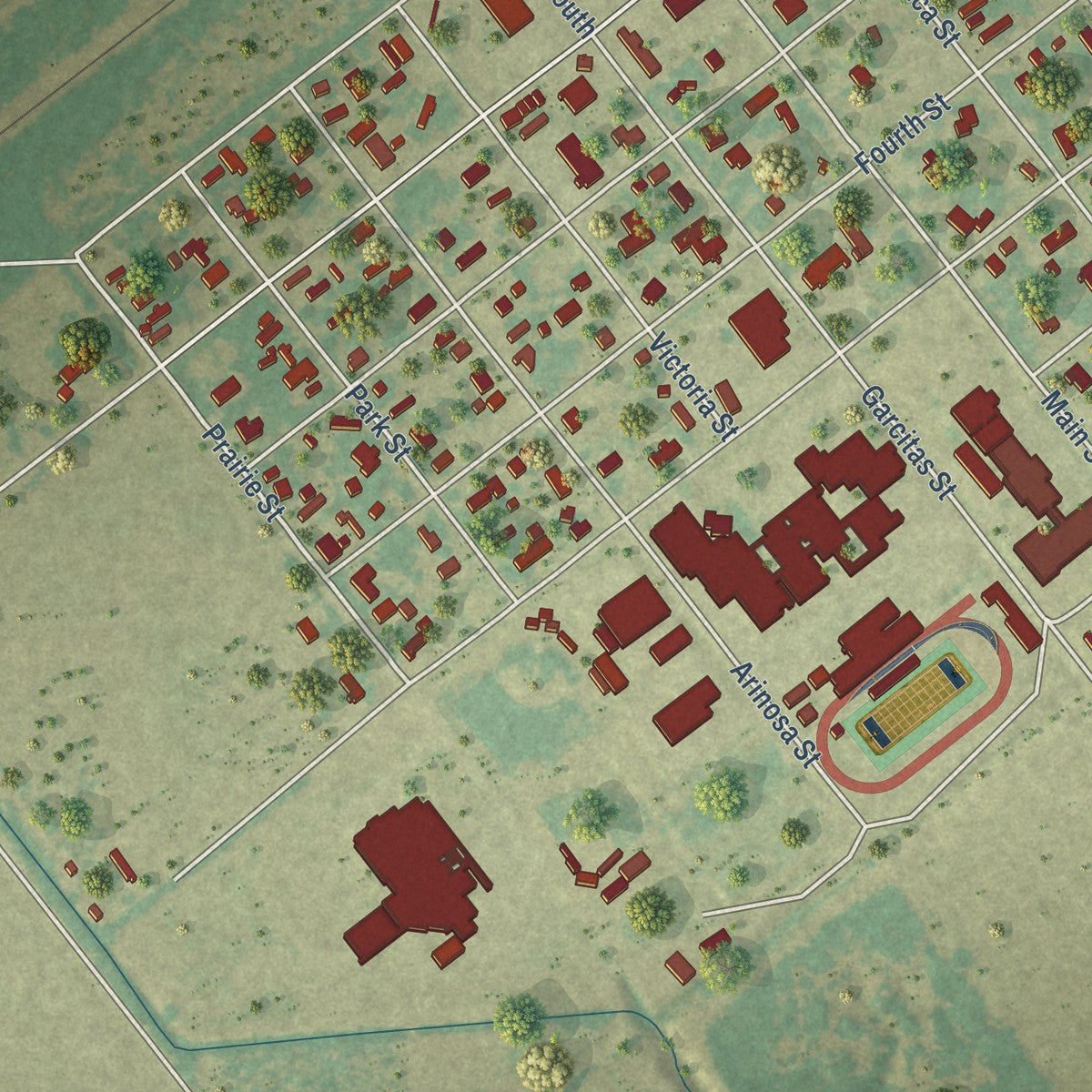 Close-up of the map of Vanderbilt, Texas print showing street and building detail