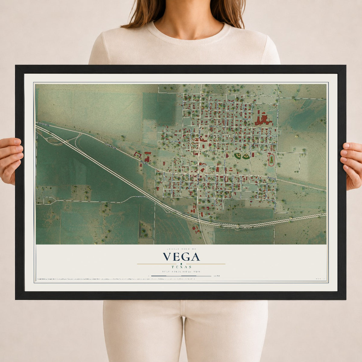 Map of Vega, Texas, 18 x 24 inch print in a black wood frame