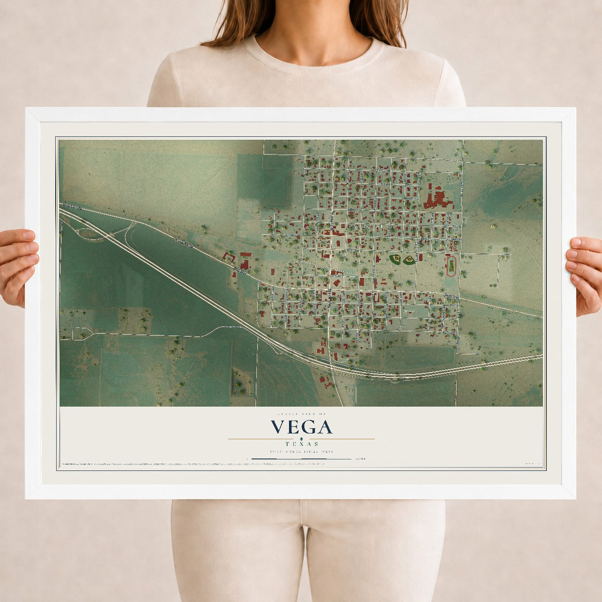 Map of Vega, Texas, 18 x 24 inch print in a white wood frame