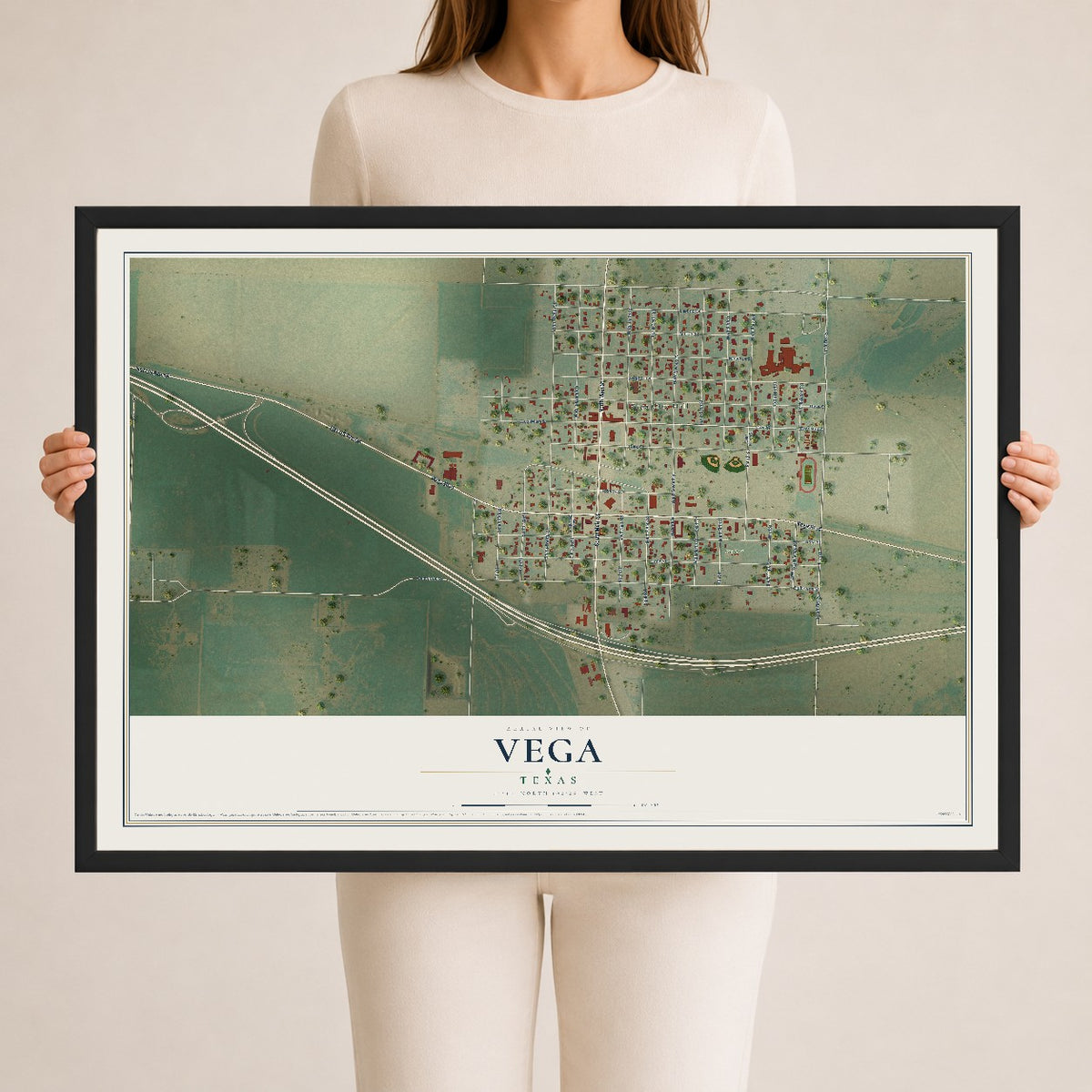 Map of Vega, Texas, 24 x 36 inch print in a black wood frame