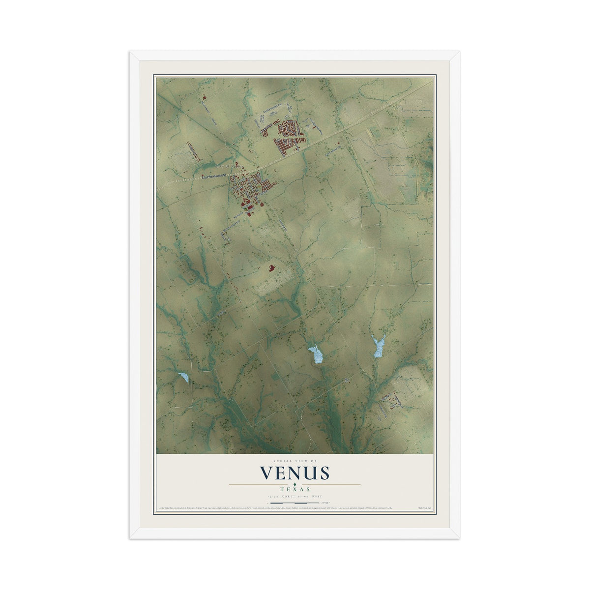 Map of Venus, Texas, 12 x 18 inch print in a white wood frame