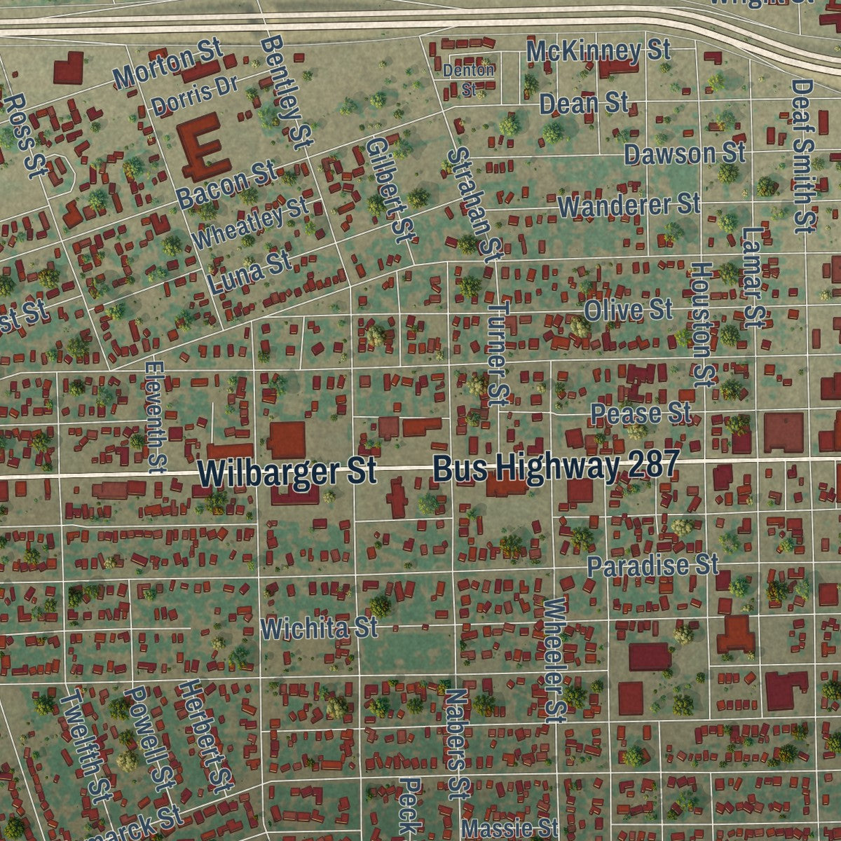 Close-up of the map of Vernon, Texas print showing street and building detail