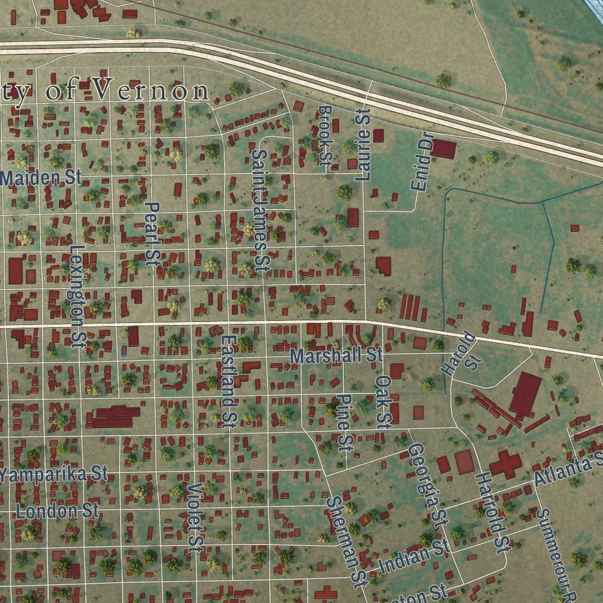 Second close-up of the map of Vernon, Texas print showing more streets and buildings