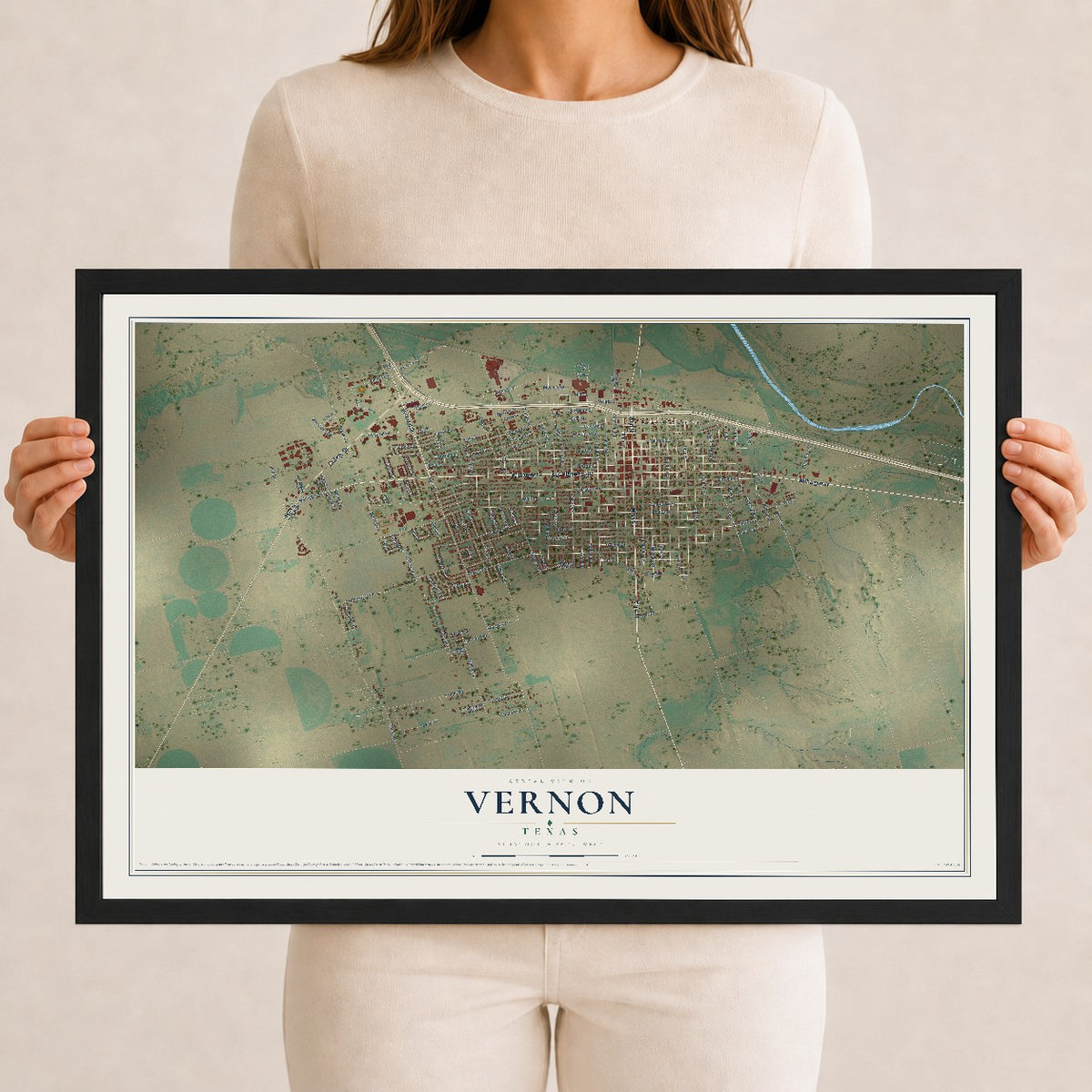 Map of Vernon, Texas, 12 x 18 inch print in a black wood frame