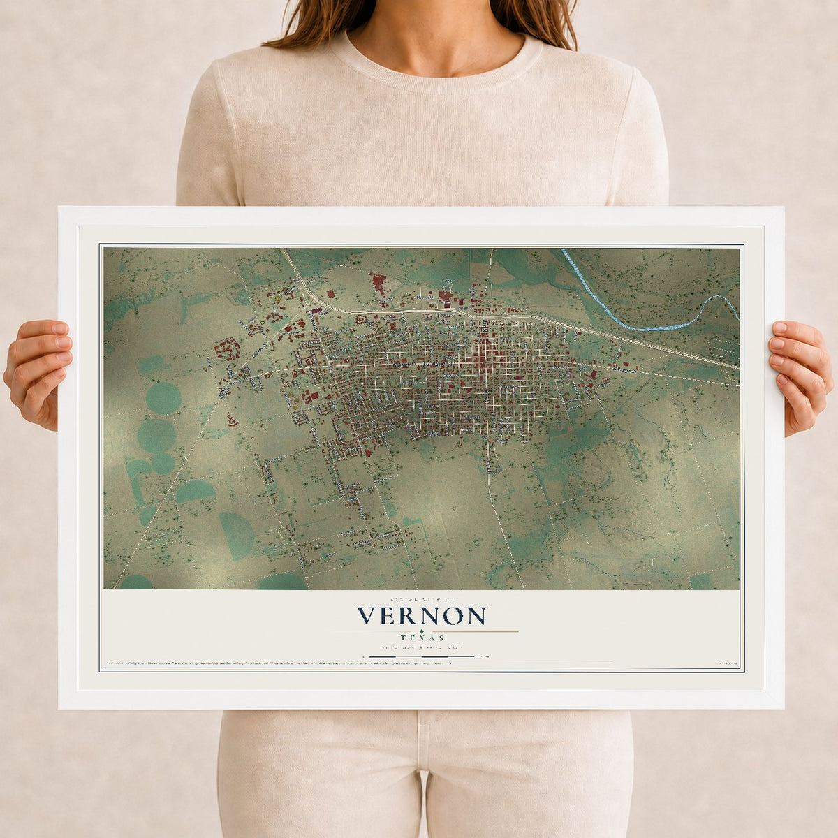 Map of Vernon, Texas, 12 x 18 inch print in a white wood frame