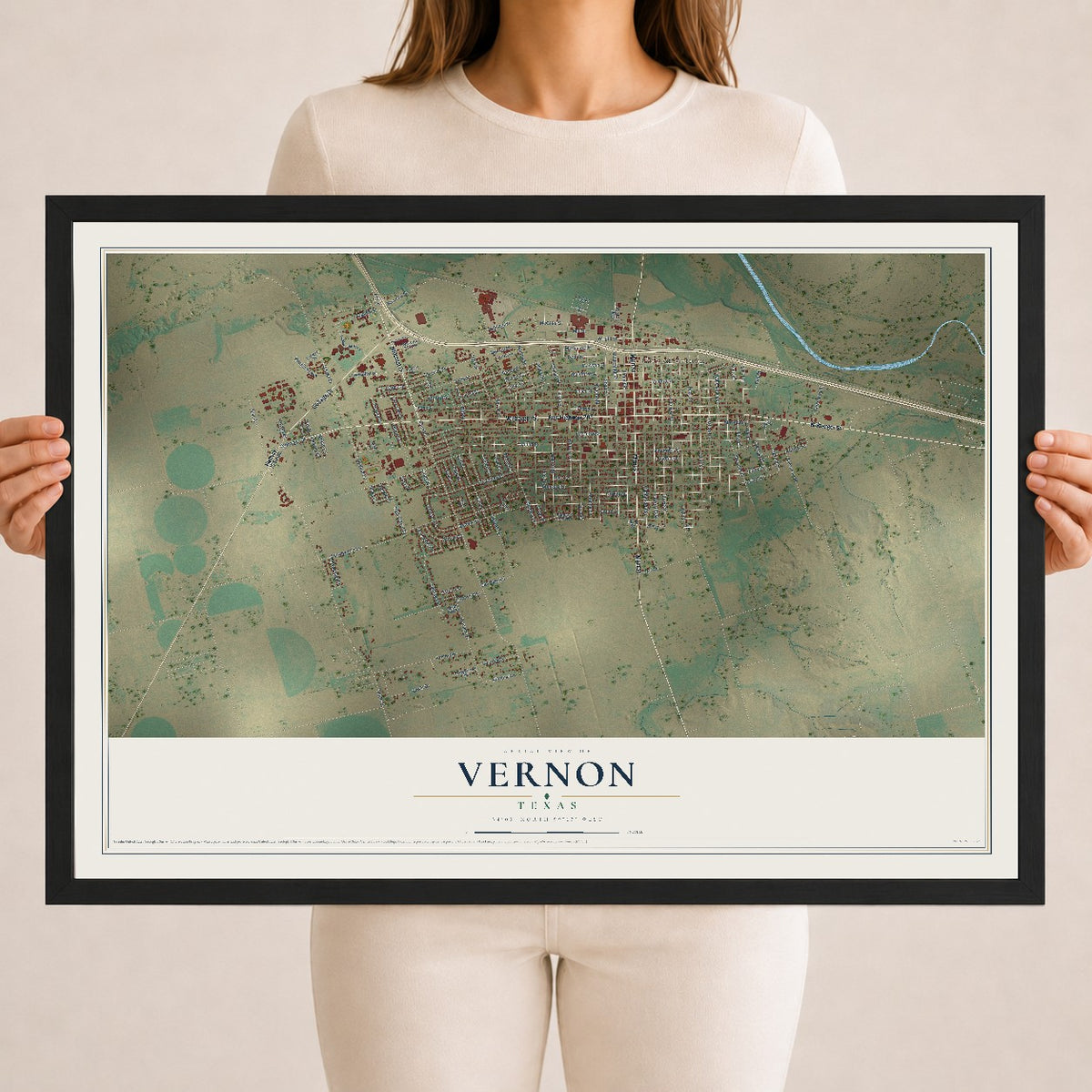 Map of Vernon, Texas, 18 x 24 inch print in a black wood frame
