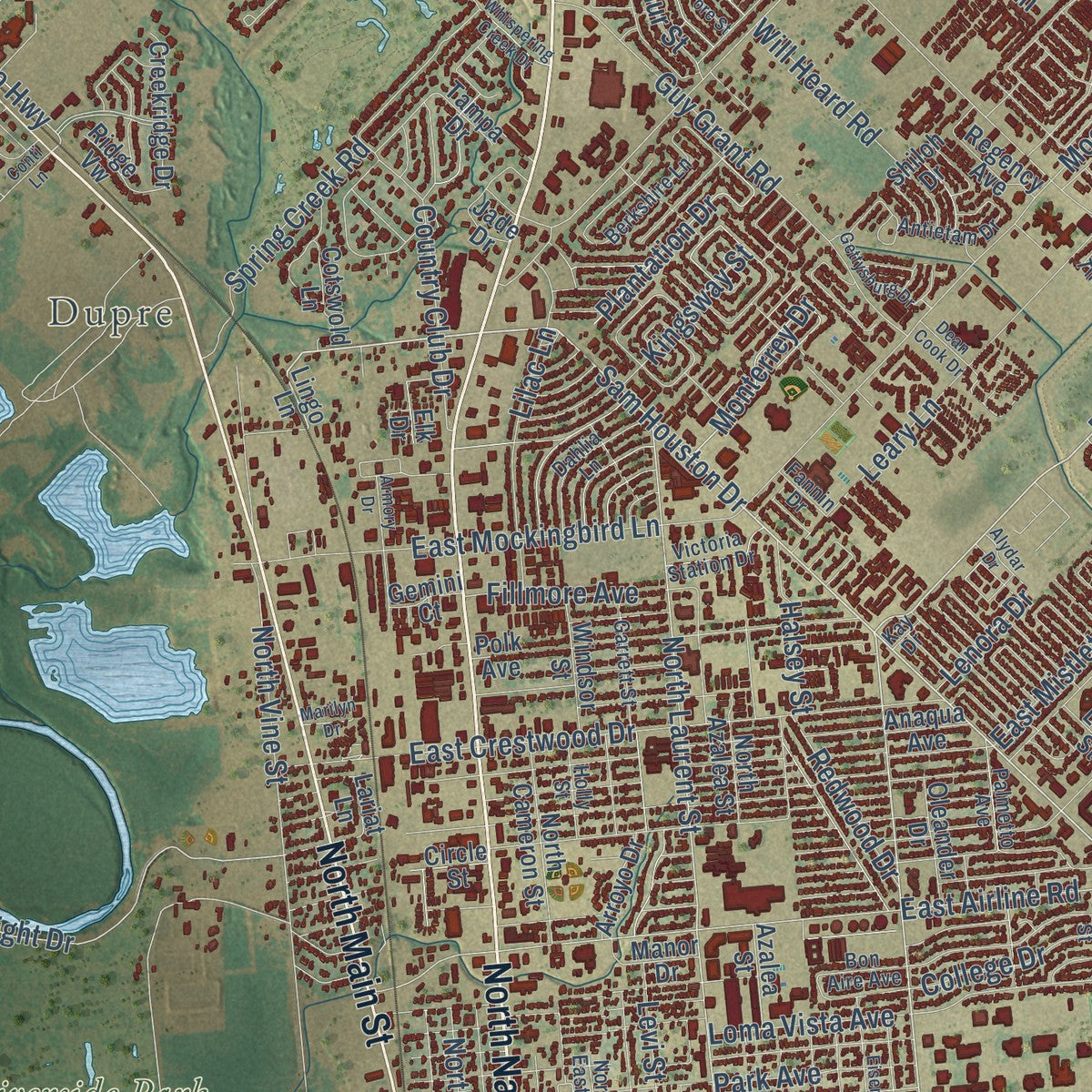 Close-up of the map of Victoria, Texas print showing street and building detail