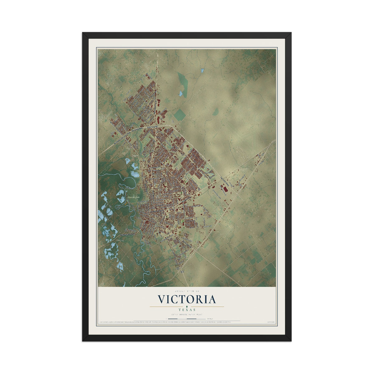 Map of Victoria, Texas, 12 x 18 inch print in a black wood frame