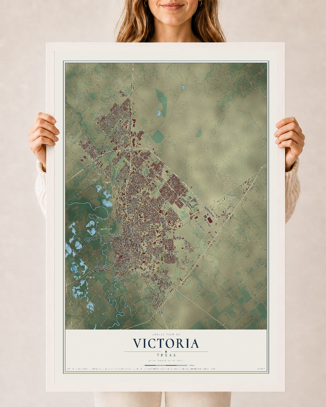 Map of Victoria, Texas, 24 x 36 inch print in a white wood frame