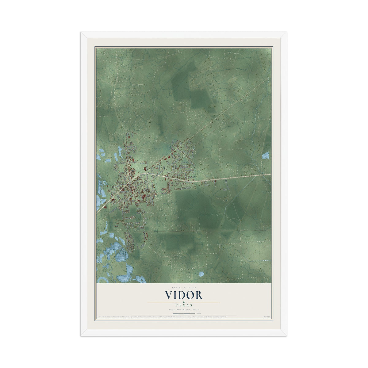 Map of Vidor, Texas, 12 x 18 inch print in a white wood frame