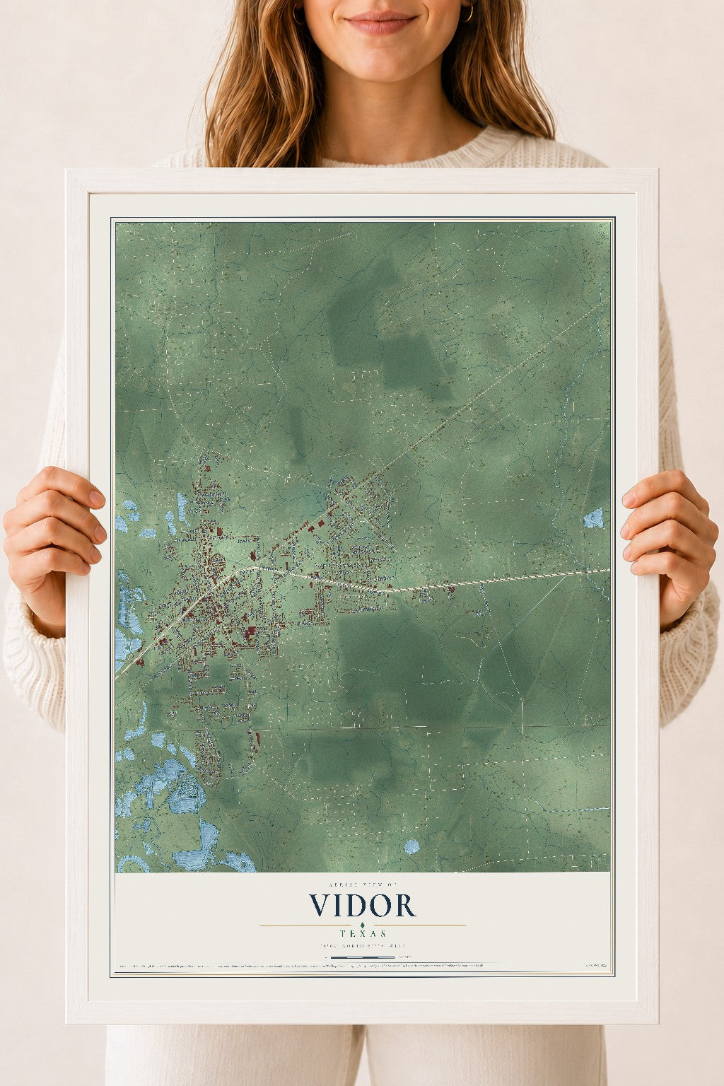 Map of Vidor, Texas, 18 x 24 inch print in a white wood frame