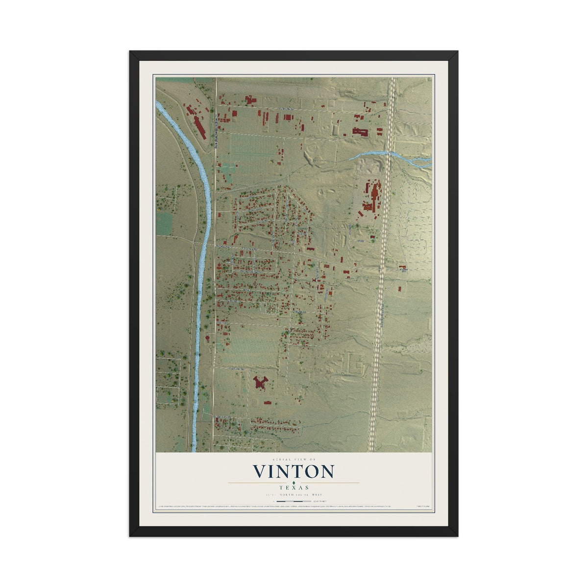 Map of Vinton, Texas, 12 x 18 inch print in a black wood frame