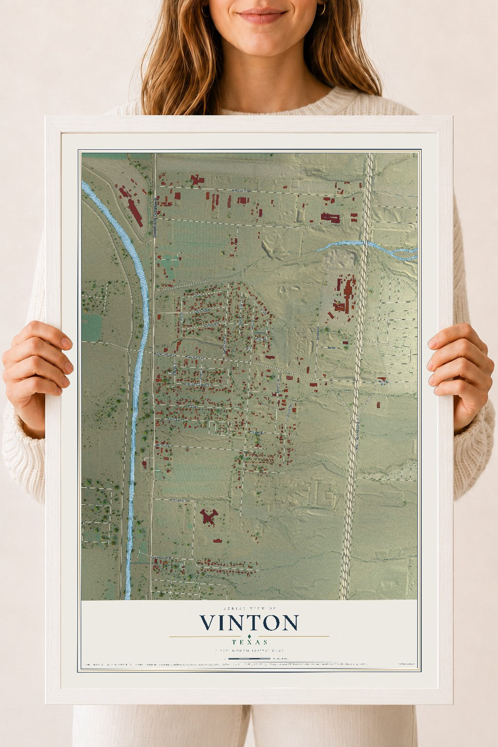 Map of Vinton, Texas, 18 x 24 inch print in a white wood frame