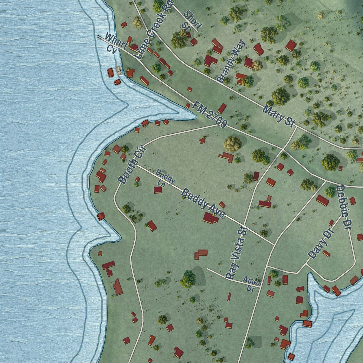 Close-up of the map of Volente, Texas print showing street and building detail