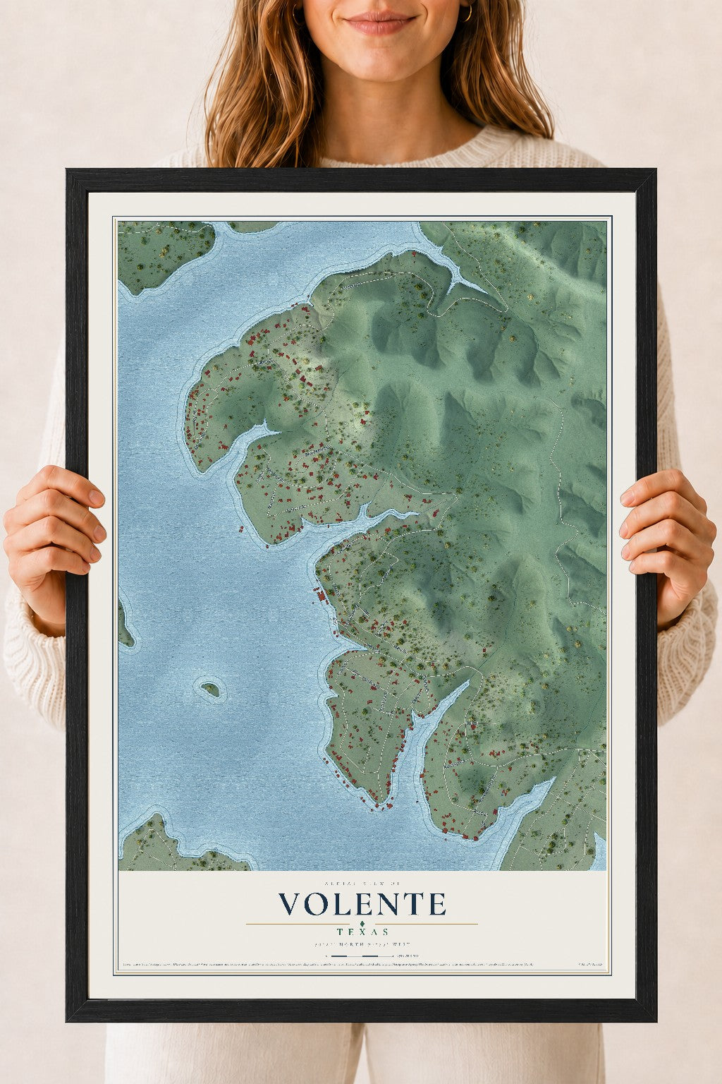 Map of Volente, Texas, 18 x 24 inch print in a black wood frame