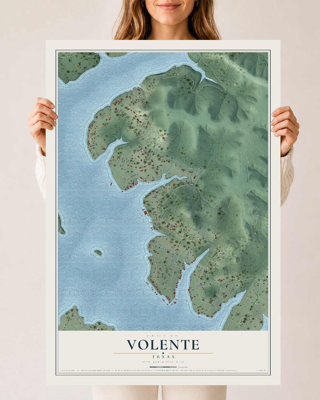 Map of Volente, Texas, 24 x 36 inch unframed archival matte print
