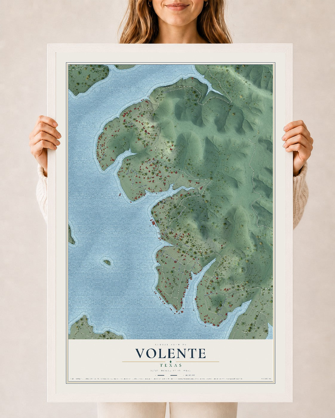 Map of Volente, Texas, 24 x 36 inch print in a white wood frame