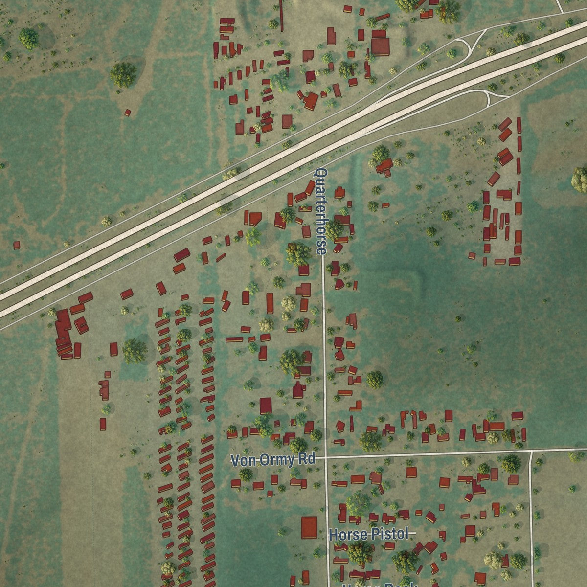 Close-up of the map of Von Ormy, Texas print showing street and building detail