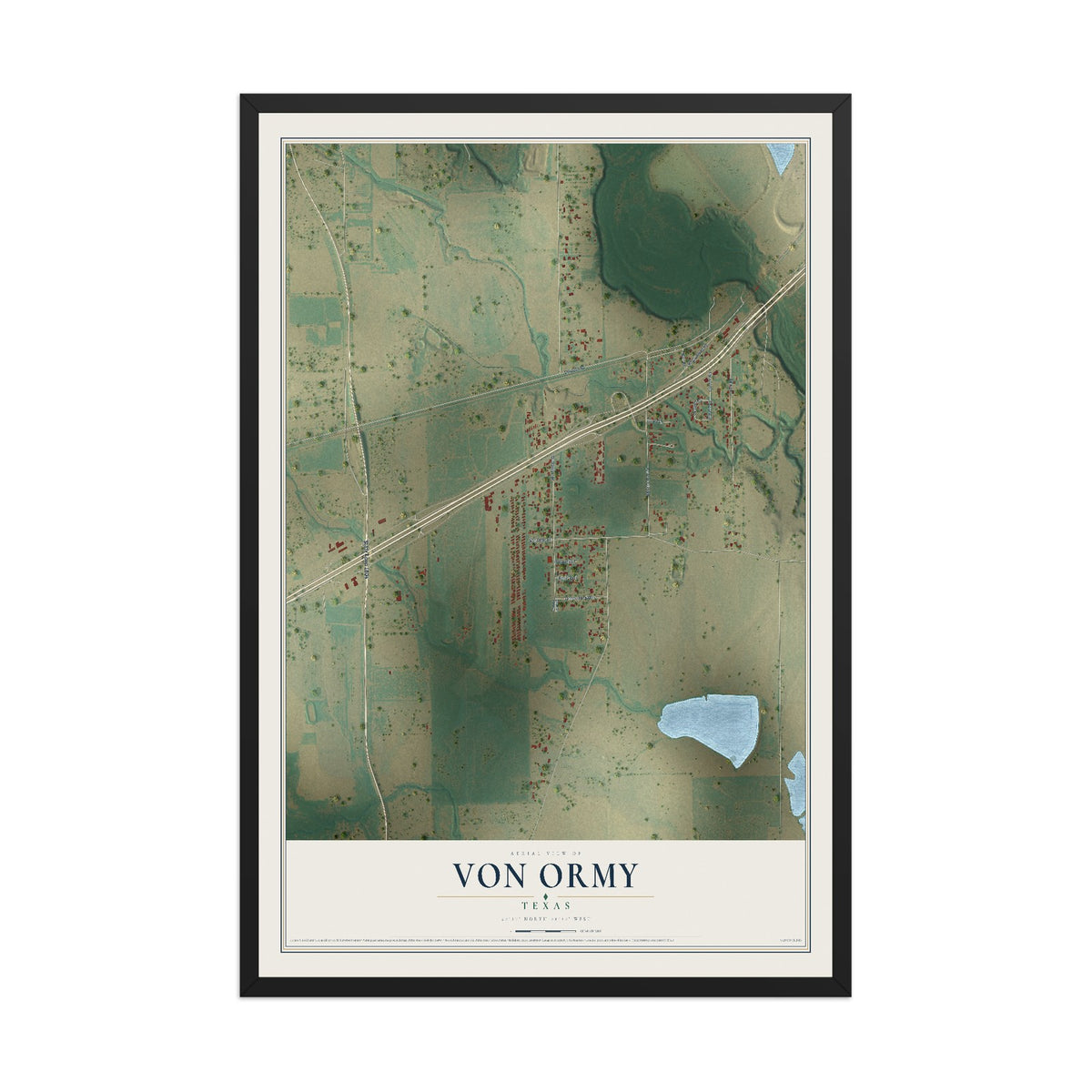 Map of Von Ormy, Texas, 12 x 18 inch print in a black wood frame