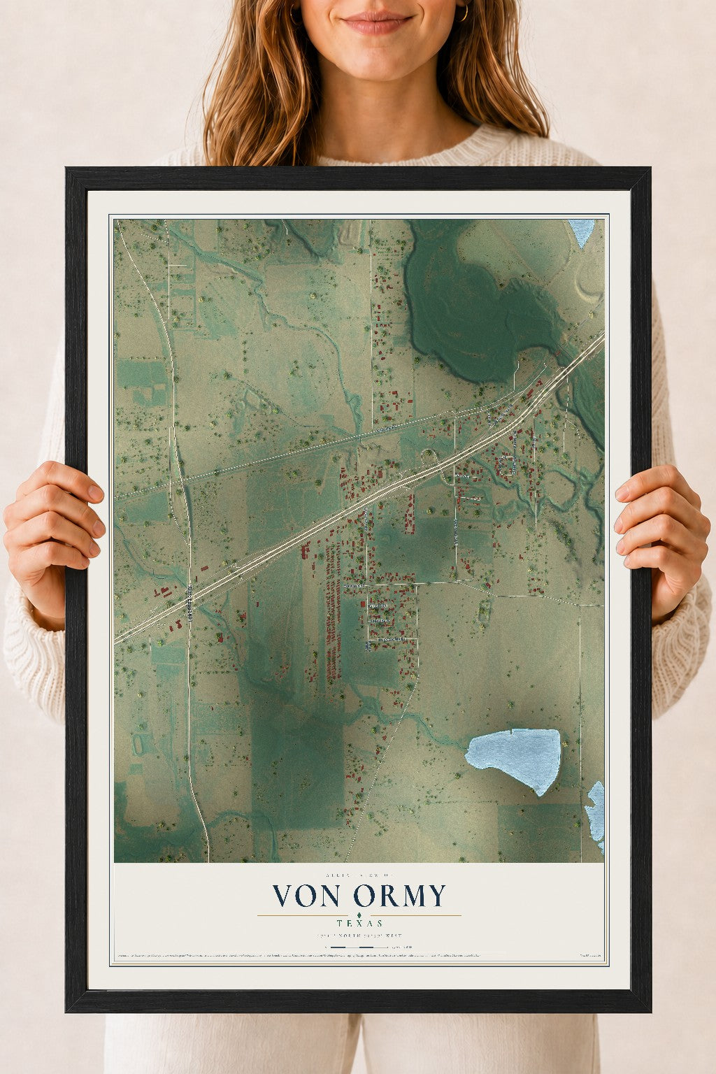 Map of Von Ormy, Texas, 18 x 24 inch print in a black wood frame