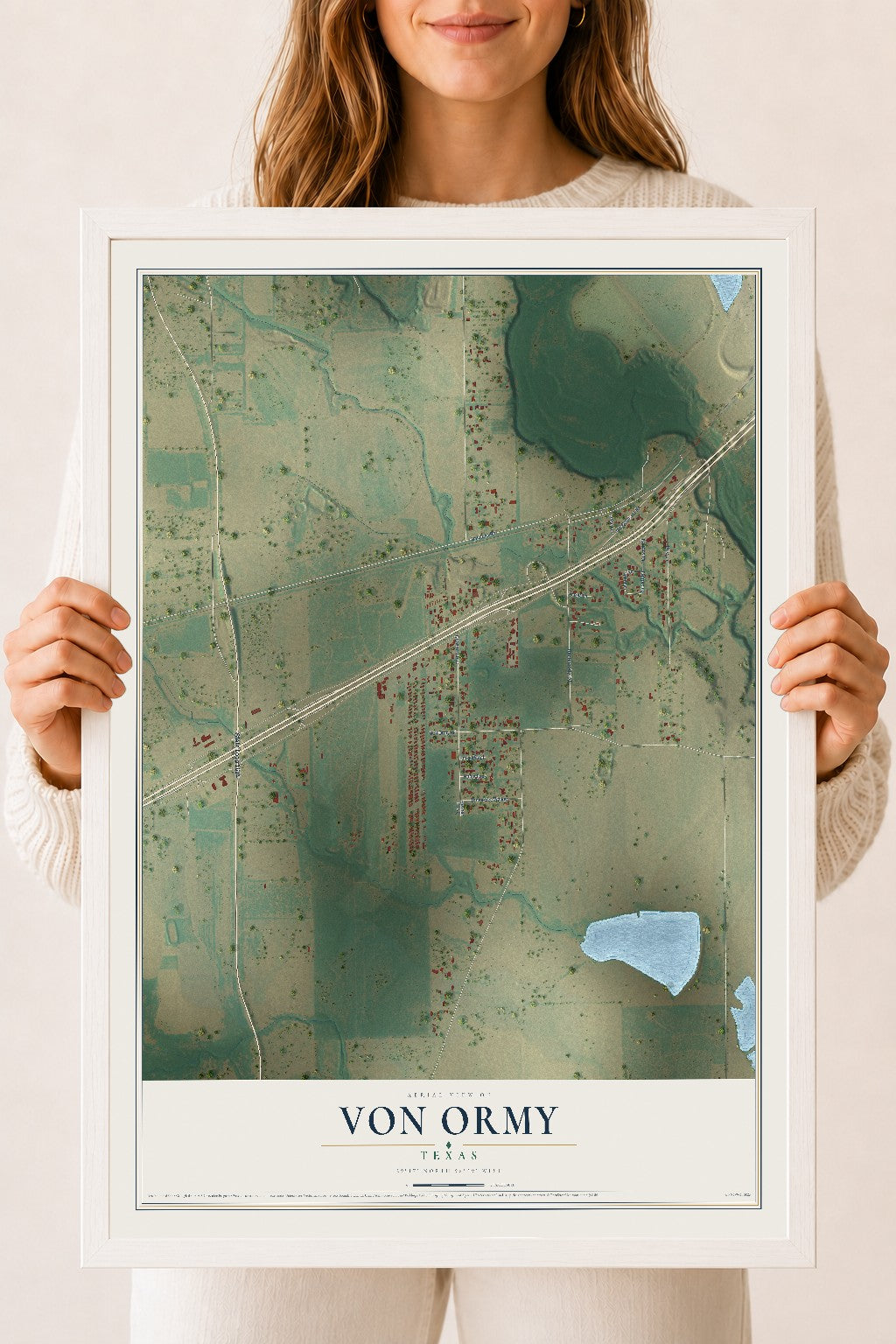 Map of Von Ormy, Texas, 18 x 24 inch print in a white wood frame