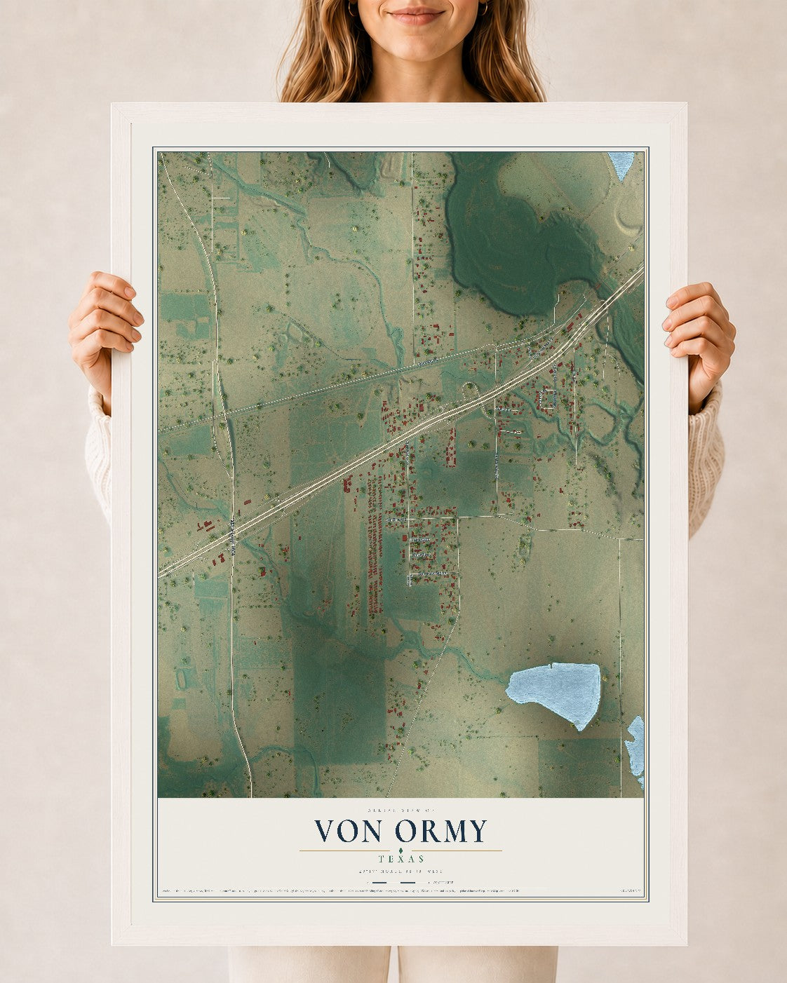 Map of Von Ormy, Texas, 24 x 36 inch print in a white wood frame