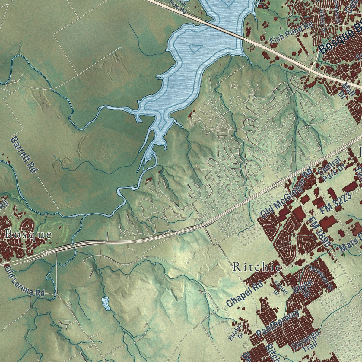 Second close-up of the map of Waco, Texas print showing more streets and buildings