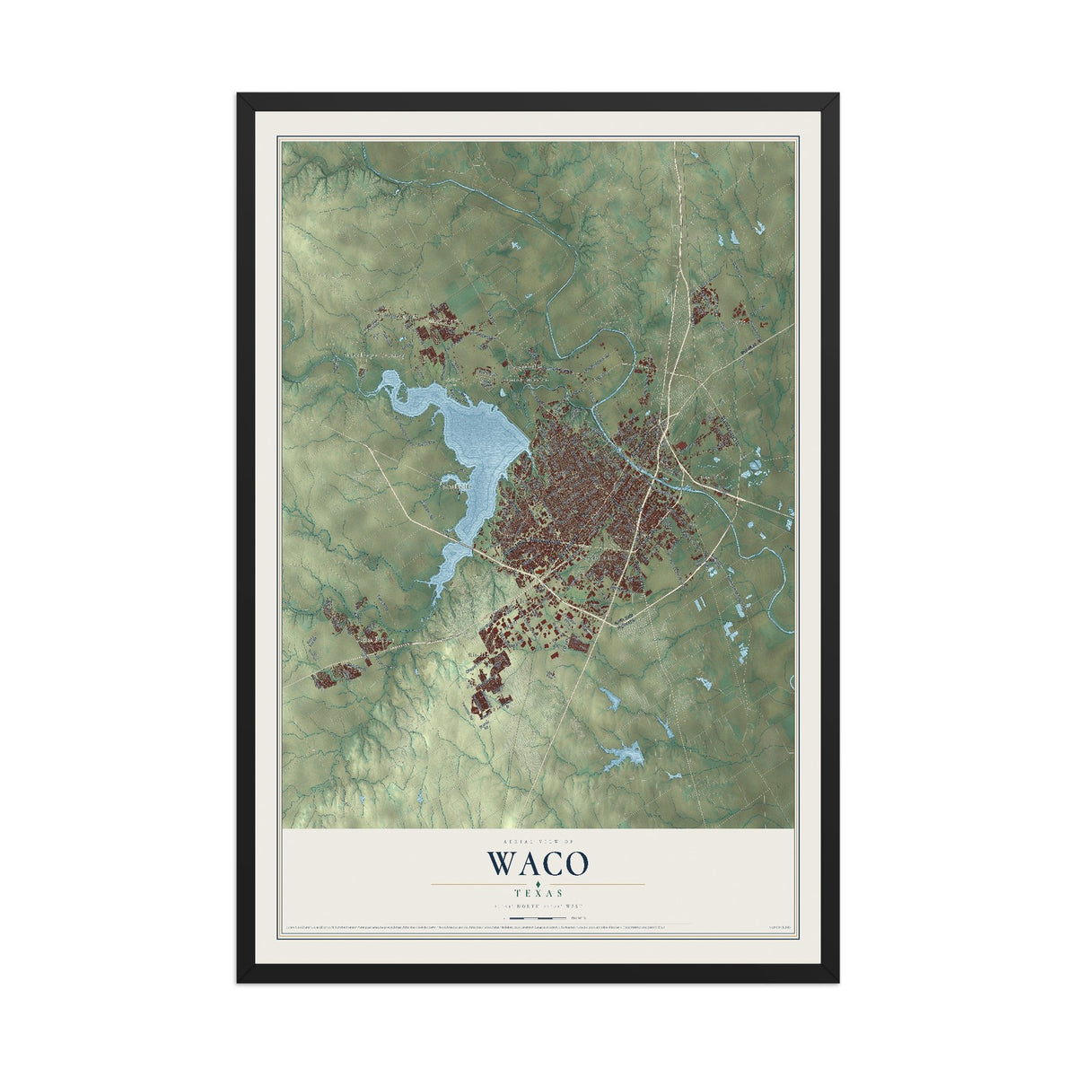 Map of Waco, Texas, 12 x 18 inch print in a black wood frame