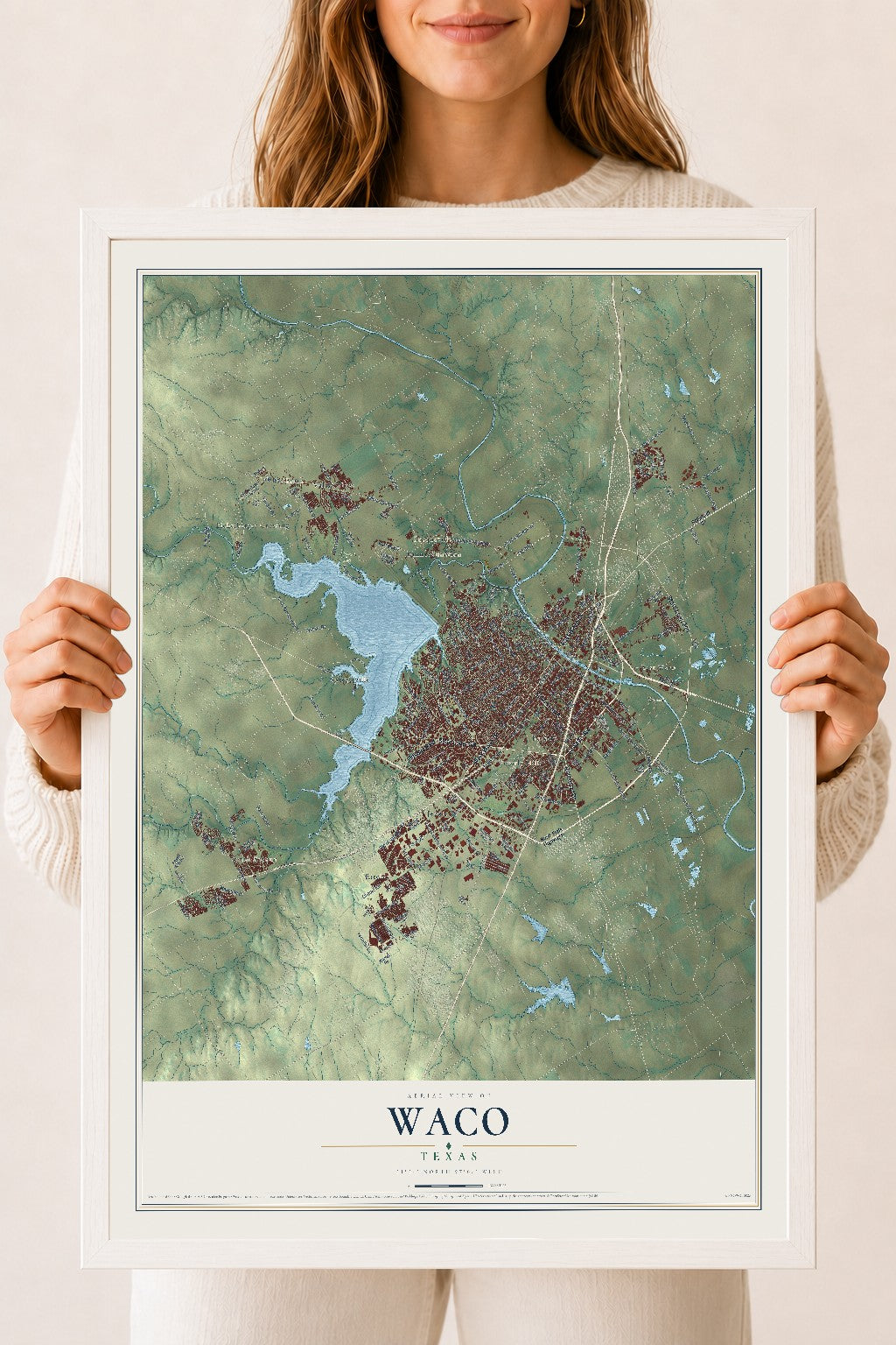 Map of Waco, Texas, 18 x 24 inch print in a white wood frame