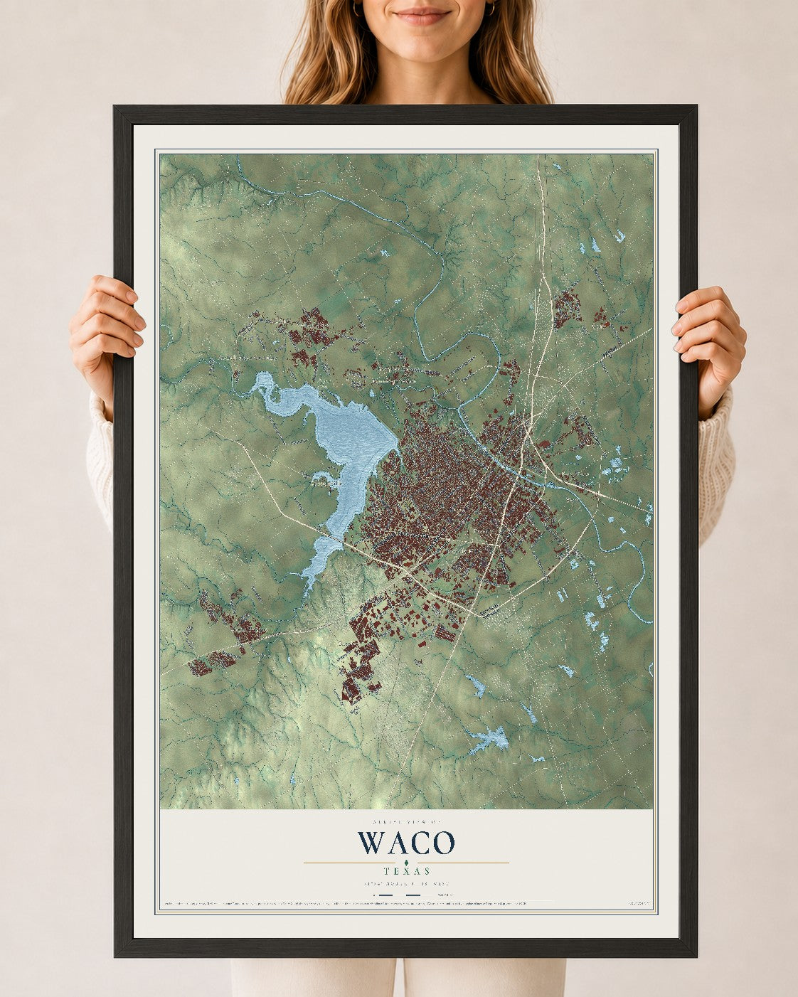 Map of Waco, Texas, 24 x 36 inch print in a black wood frame