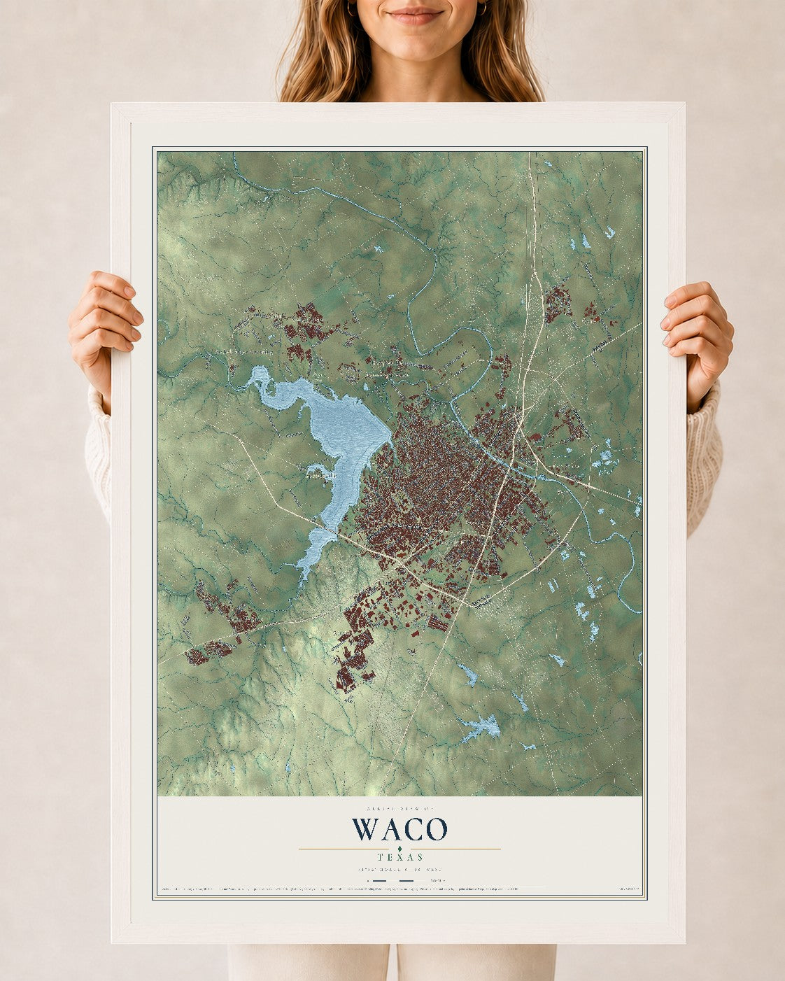 Map of Waco, Texas, 24 x 36 inch print in a white wood frame