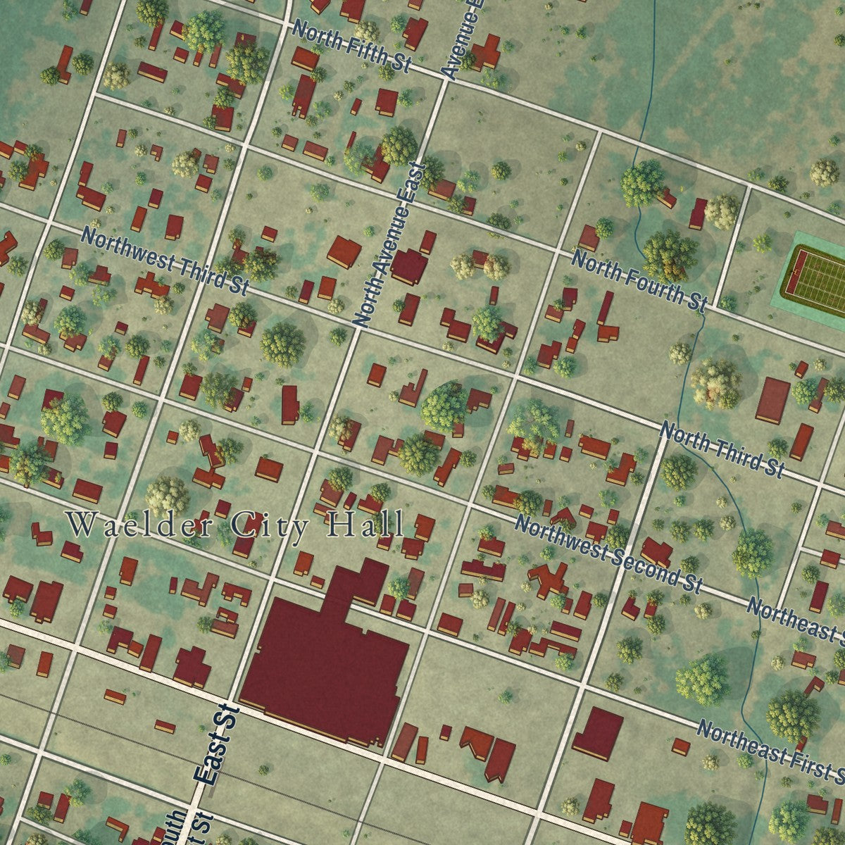 Close-up of the map of Waelder, Texas print showing street and building detail