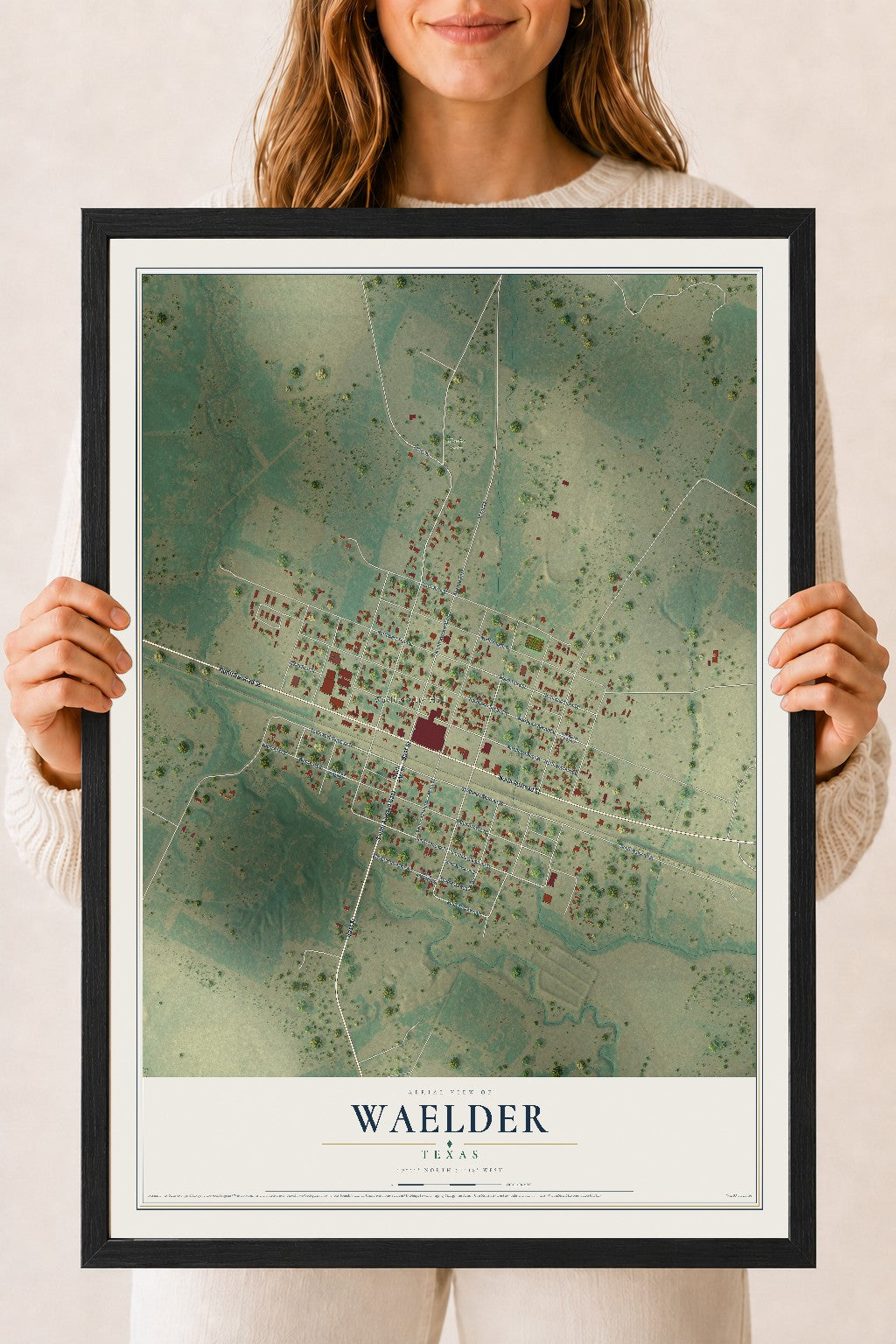 Map of Waelder, Texas, 18 x 24 inch print in a black wood frame