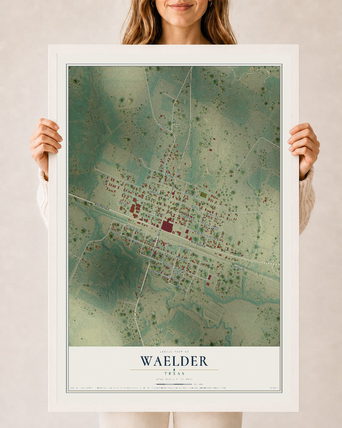Map of Waelder, Texas, 24 x 36 inch print in a white wood frame