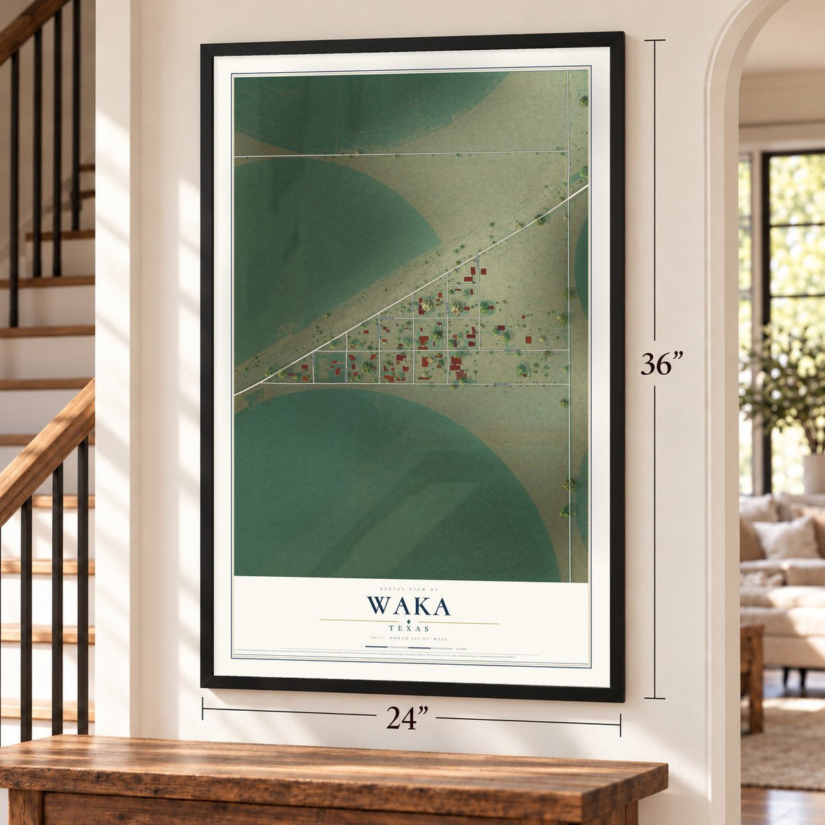 Waka, Texas map, 24 x 36 inch print in a black frame by a staircase