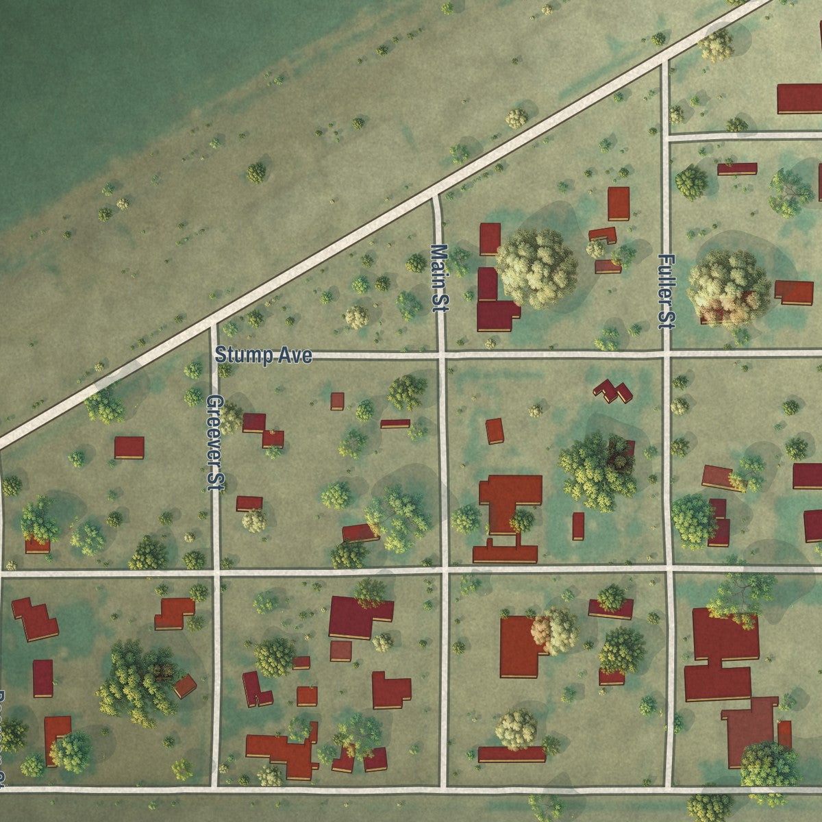 Close-up of the map of Waka, Texas print showing street and building detail