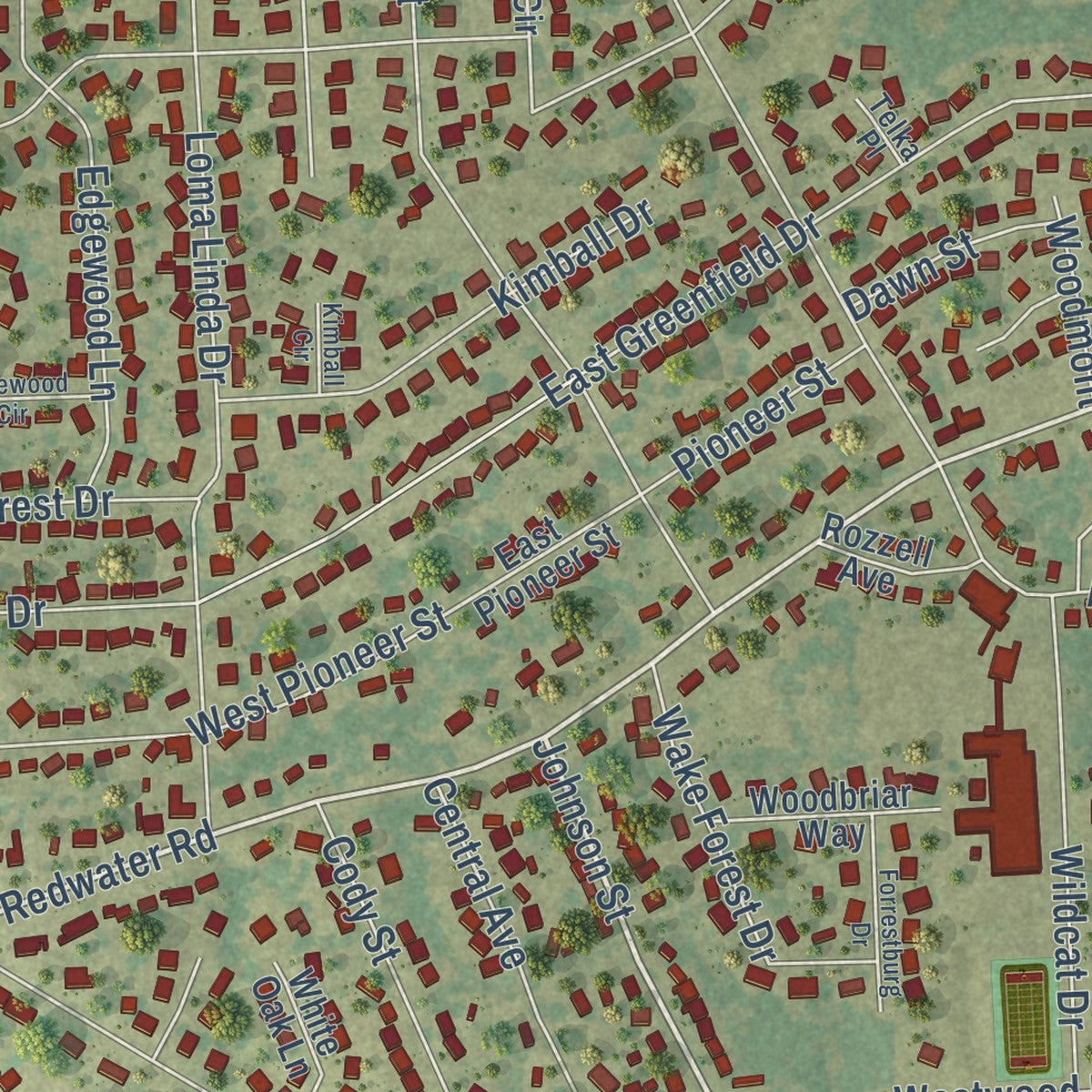 Close-up of the map of Wake Village, Texas print showing street and building detail