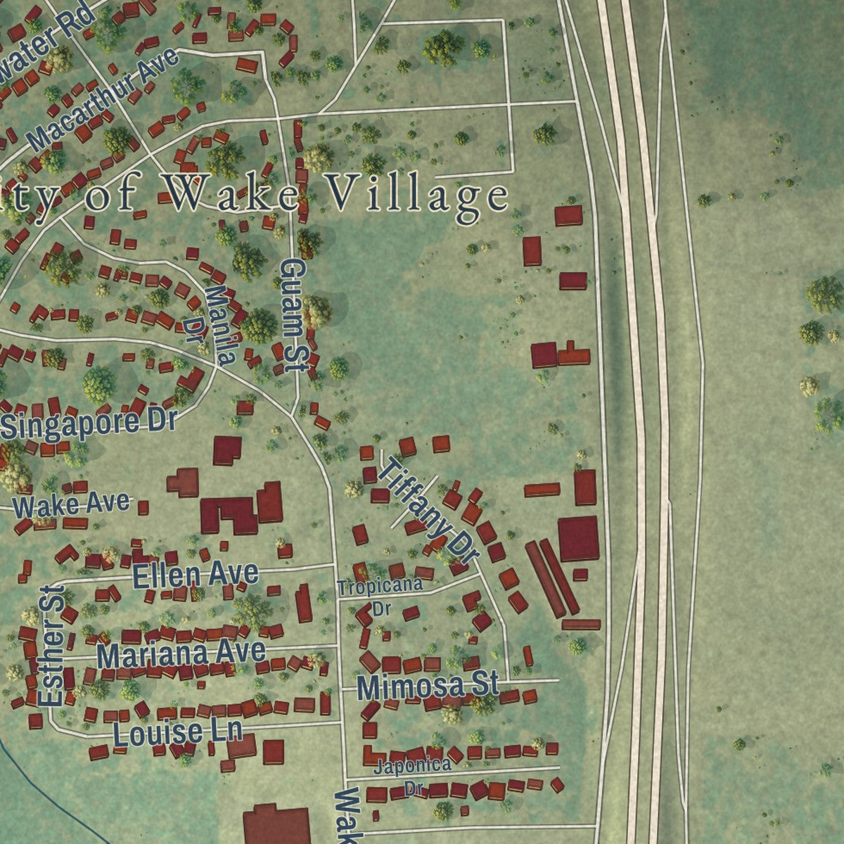 Second close-up of the map of Wake Village, Texas print showing more streets and buildings