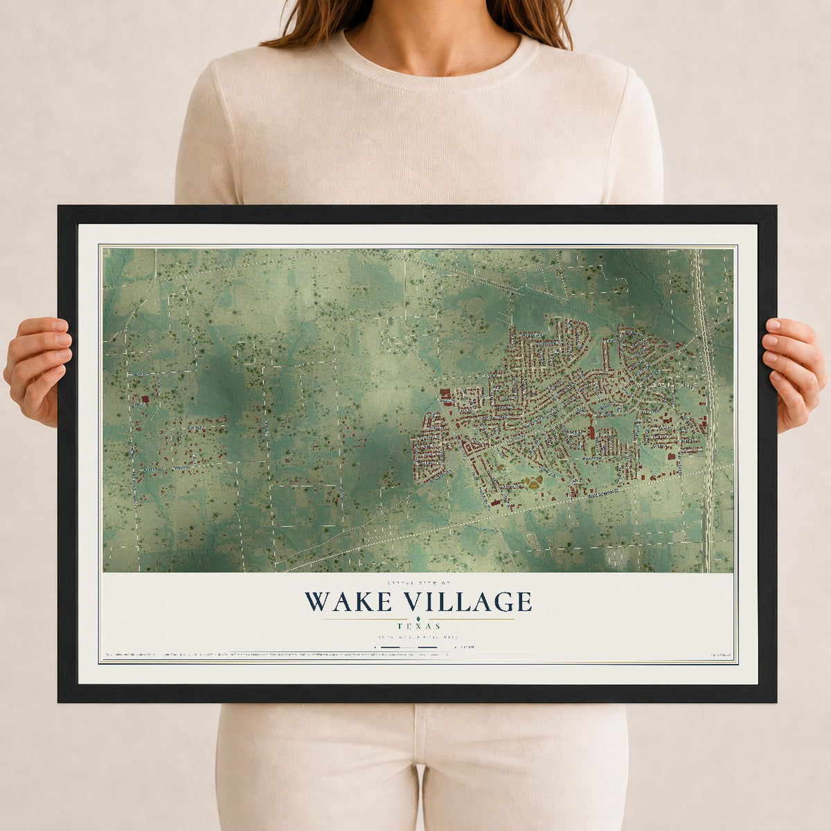 Map of Wake Village, Texas, 12 x 18 inch print in a black wood frame